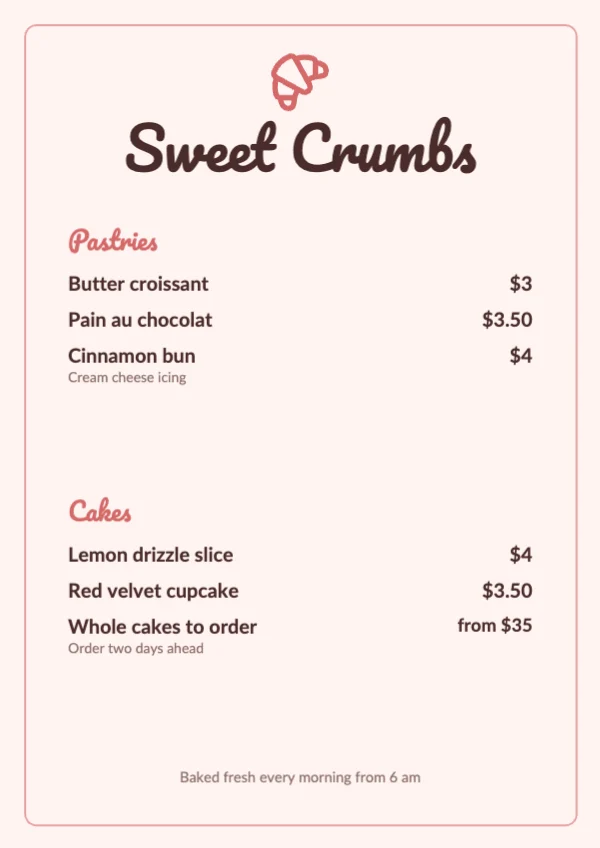 Bakery menu template