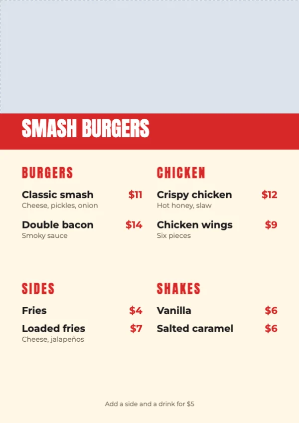 Burger bar menu template