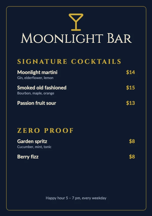 Cocktail bar menu template