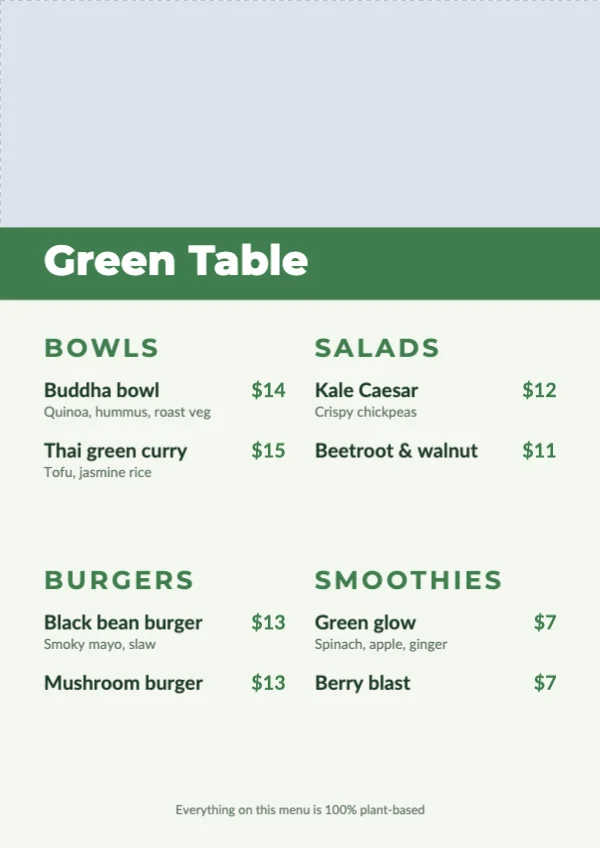 Plant-based menu template